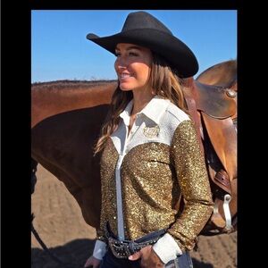 Cowgirl Tuff Gold Sequin Button-Down pull over with Cream shimmer